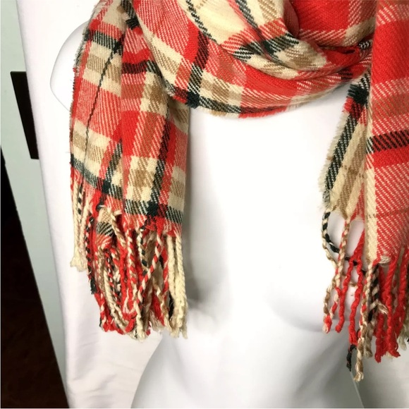 J.Crew Factory Scarf Long Plaid Shawl Wrap Fringe Tan Orange 74 x 24 - Picture 7 of 10